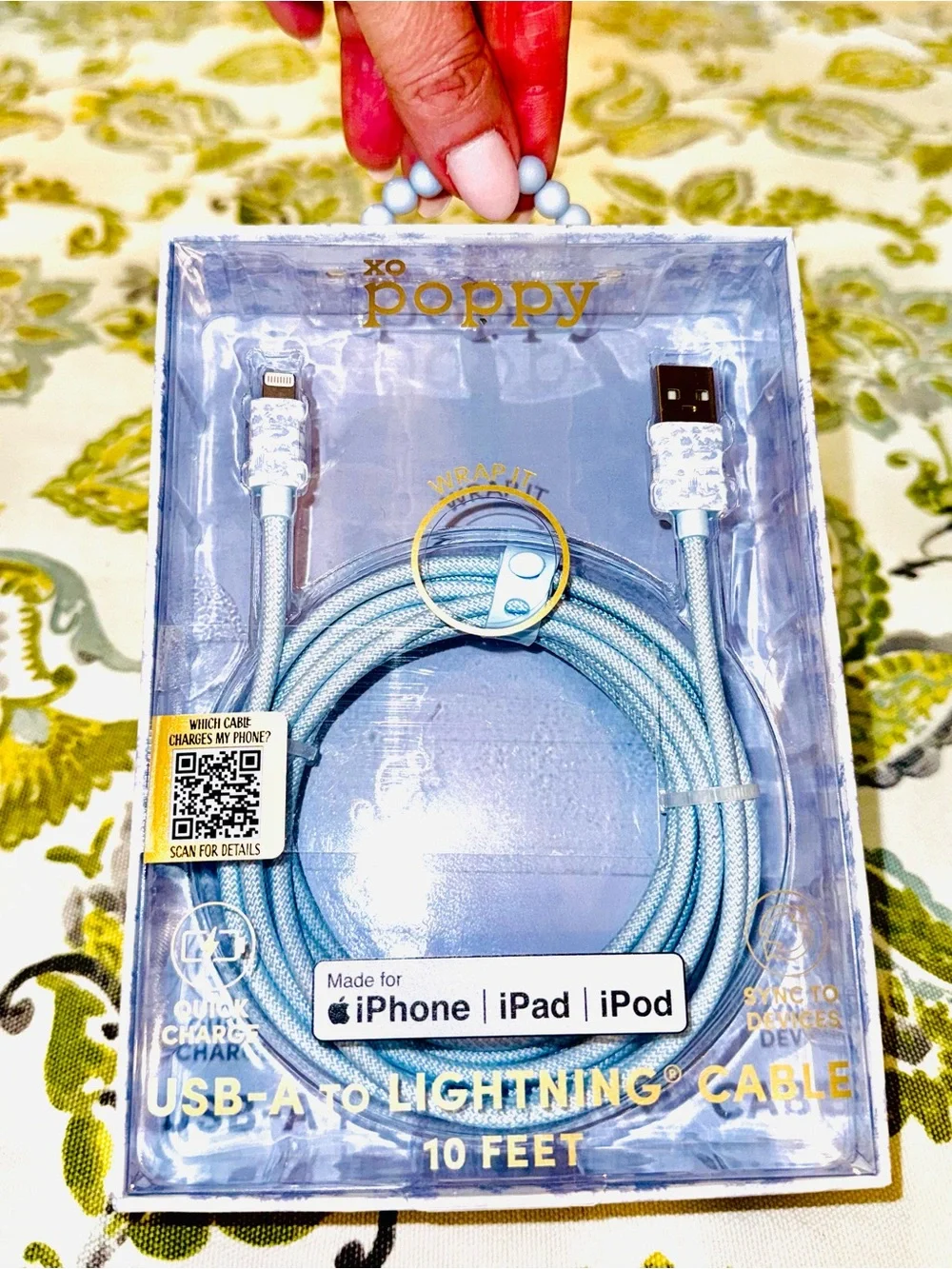 NIB🩶xo Poppy 10ft Light Blue USB-A to Lightning Braided Charging Cable - toile🩶
